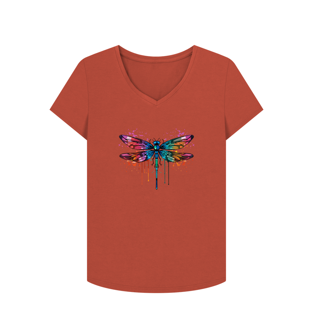 Rust Colour Drip Dragonfly Wonder - Women's V-Neck T-shirt