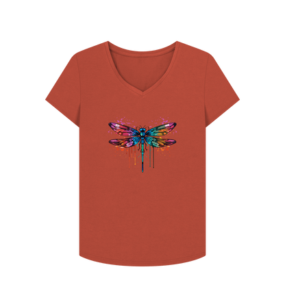 Rust Colour Drip Dragonfly Wonder - Women's V-Neck T-shirt