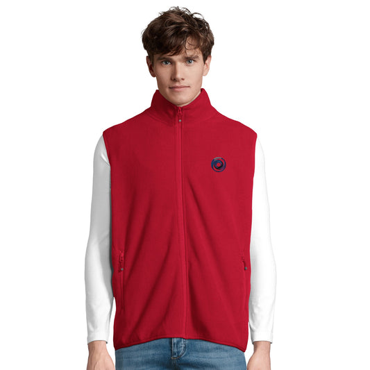 Red fleece vest with zipper and logo (person)