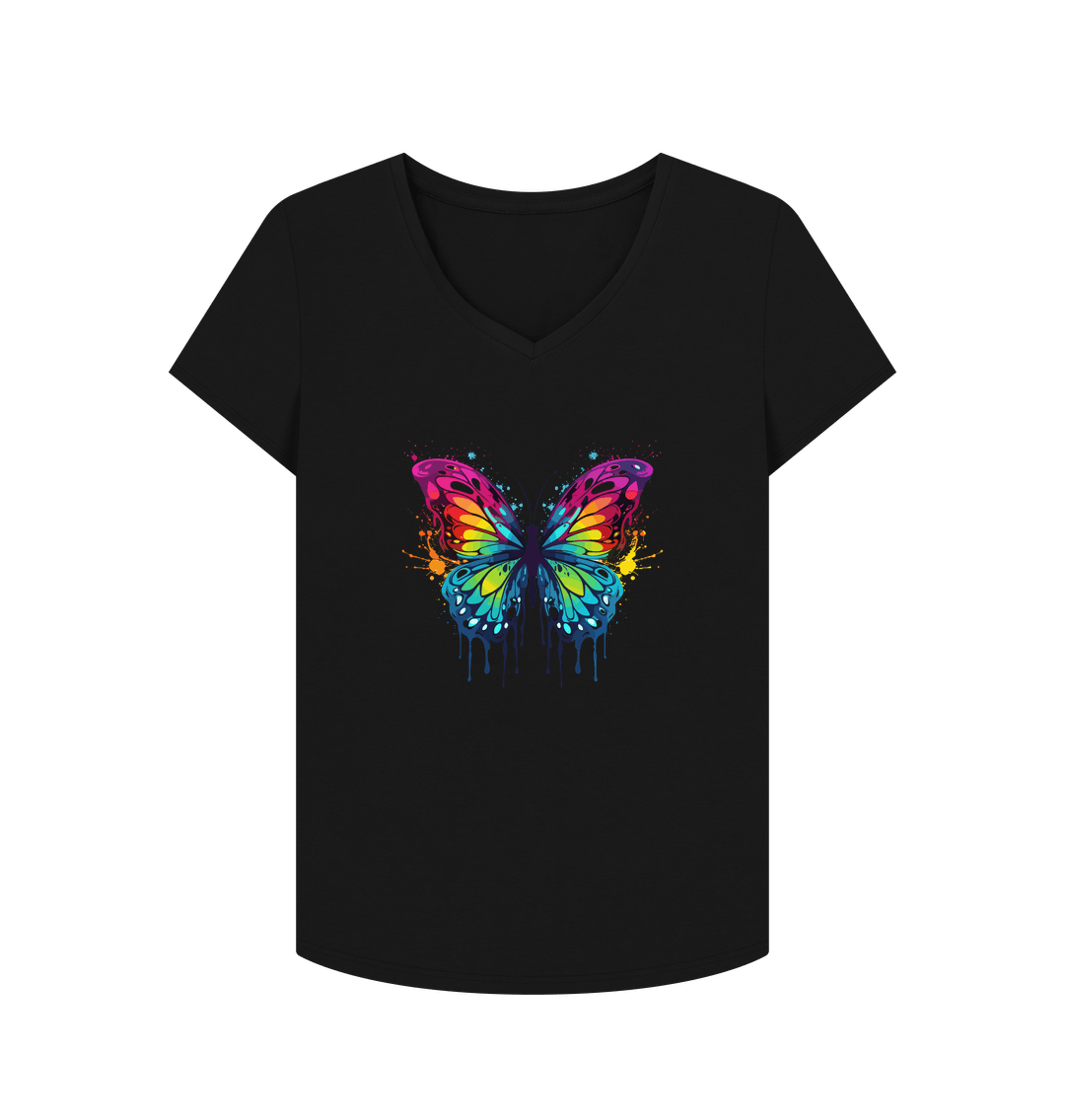 Black Colour Drip Orchard Butterfly - Women's V-Neck T-shirt