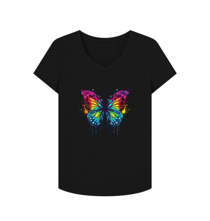 Black Colour Drip Orchard Butterfly - Women's V-Neck T-shirt