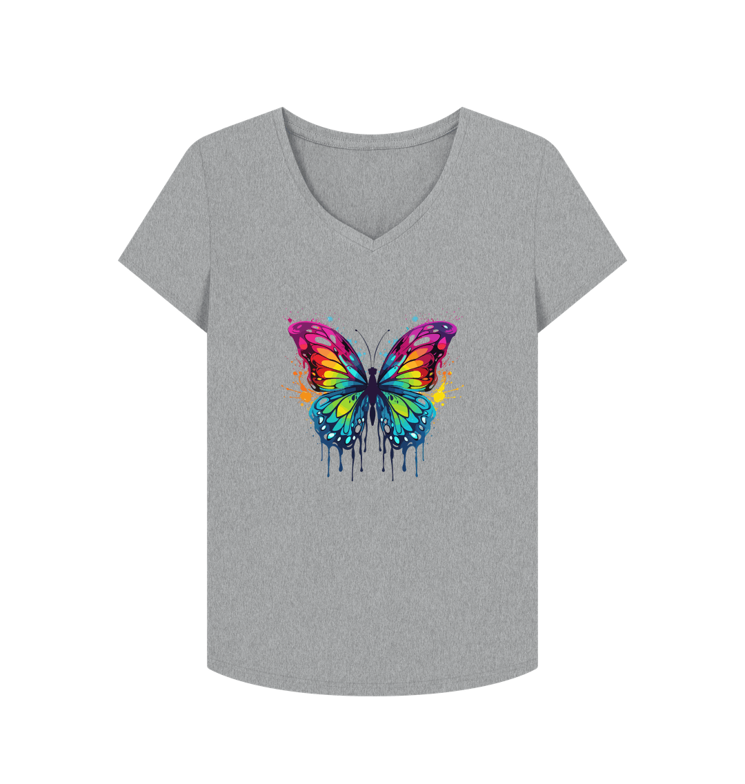 Athletic Grey Colour Drip Orchard Butterfly - Women's V-Neck T-shirt