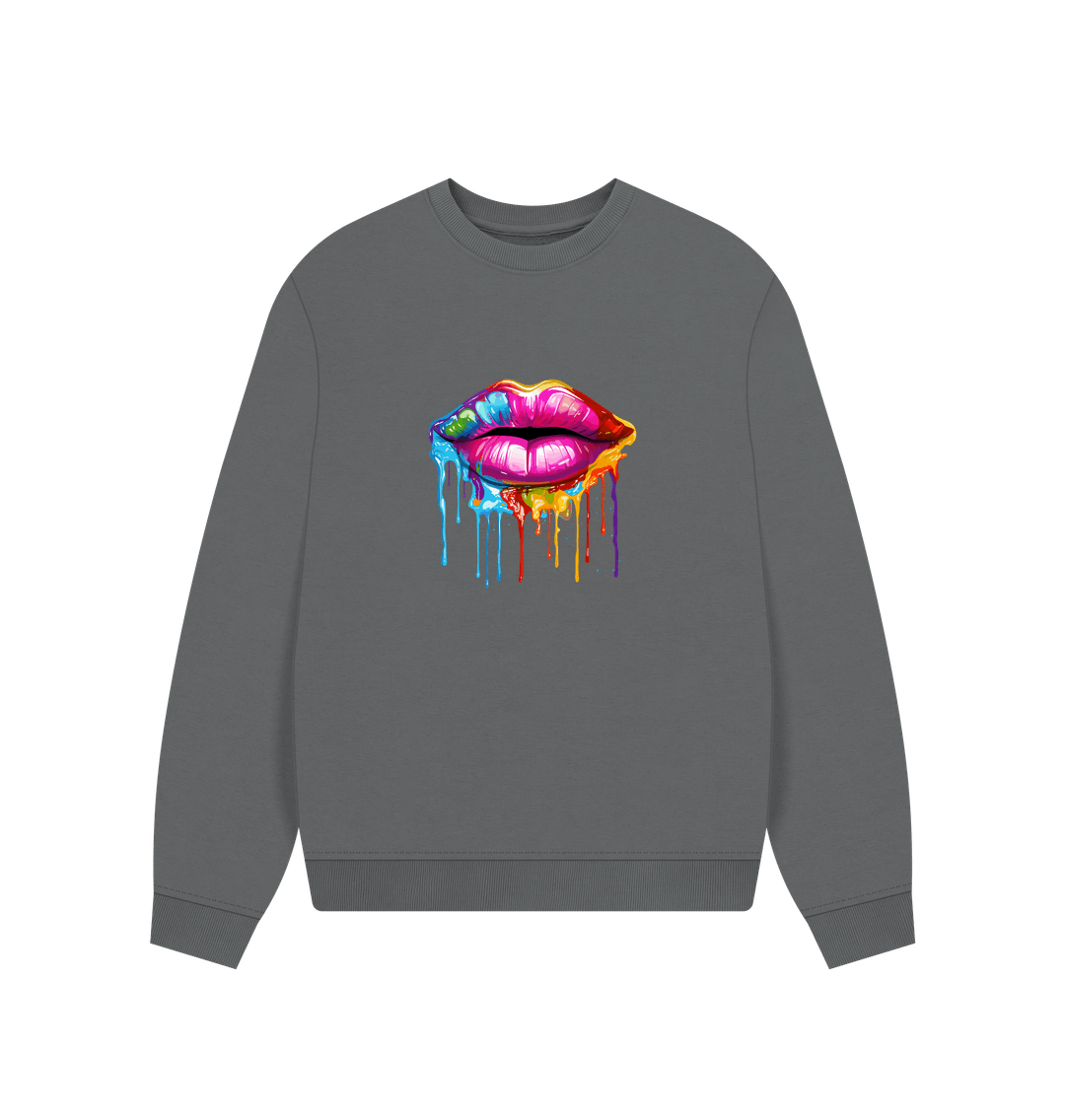 Slate Grey Colour Drip Kiss - Women's Oversized Jumper