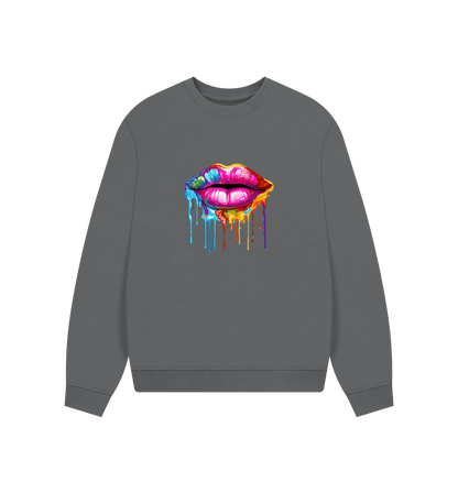 Slate Grey Colour Drip Kiss - Women's Oversized Jumper