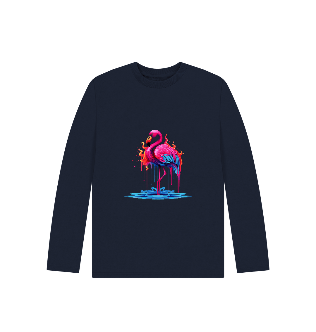 Navy Blue Colour Drip Flamingo - Kids Organic Long Sleeve T-shirt