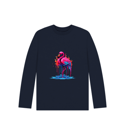 Navy Blue Colour Drip Flamingo - Kids Organic Long Sleeve T-shirt