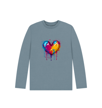 Stone Blue Colour Drip Heart - Kids Organic Long Sleeve T-shirt