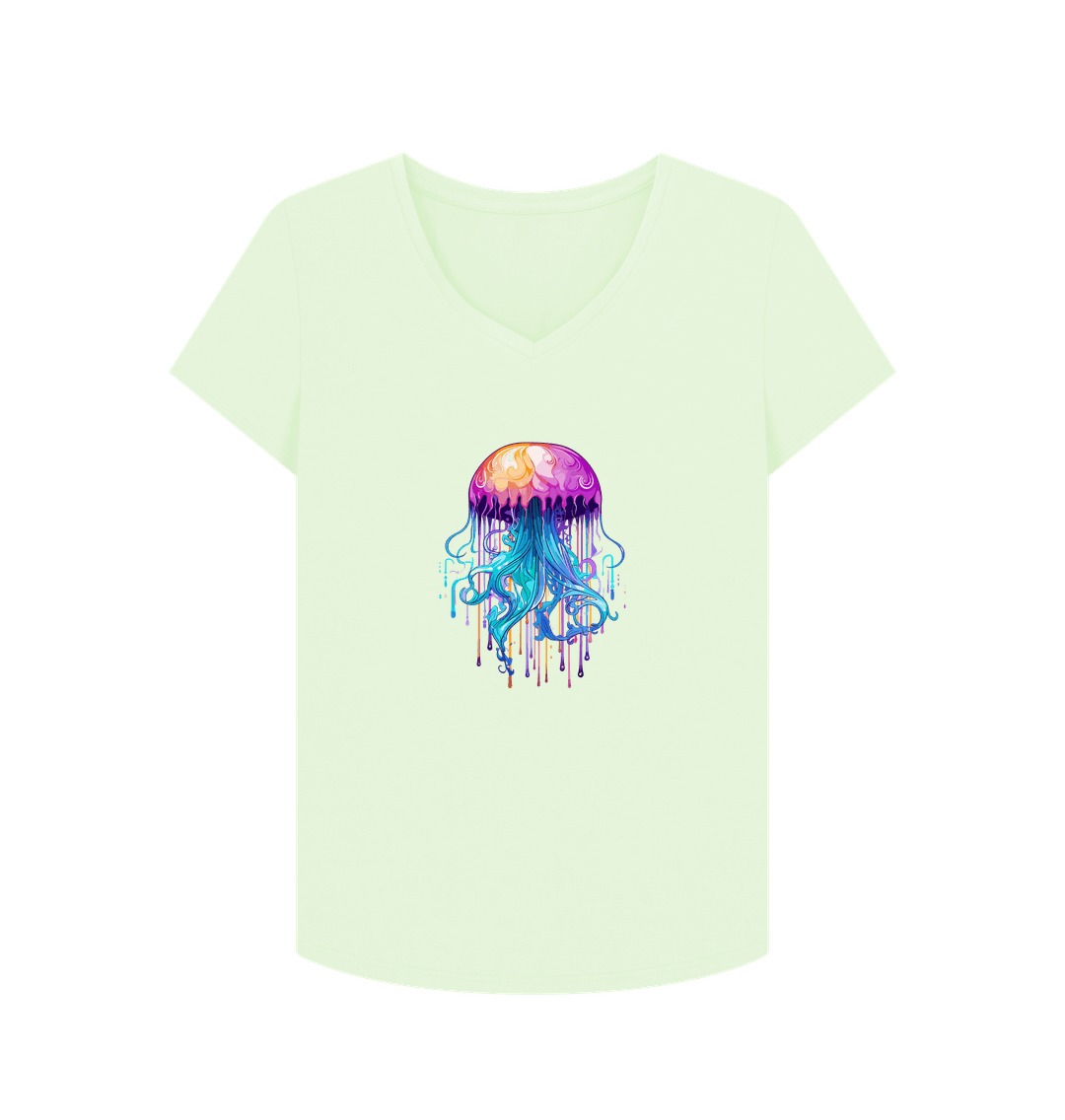 Pastel Green Colour Drip Bright Jellyfish - Women's V-Neck T-shirt