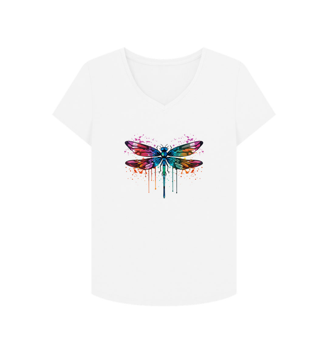 White Colour Drip Dragonfly Wonder - Women's V-Neck T-shirt