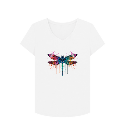 White Colour Drip Dragonfly Wonder - Women's V-Neck T-shirt