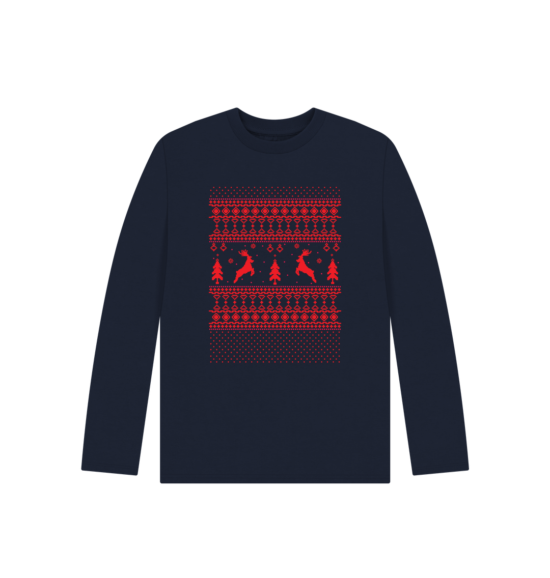 Navy blue long-sleeved shirt with red Christmas pattern