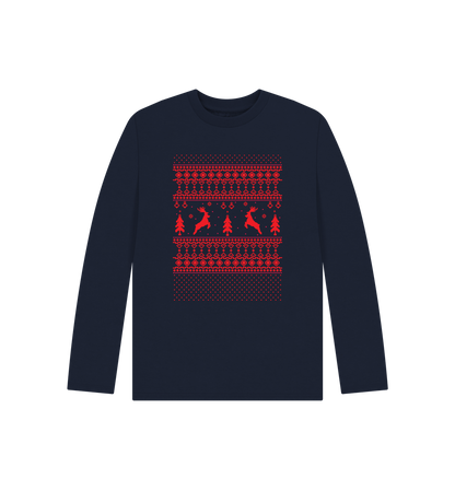 Navy blue long-sleeved shirt with red Christmas pattern