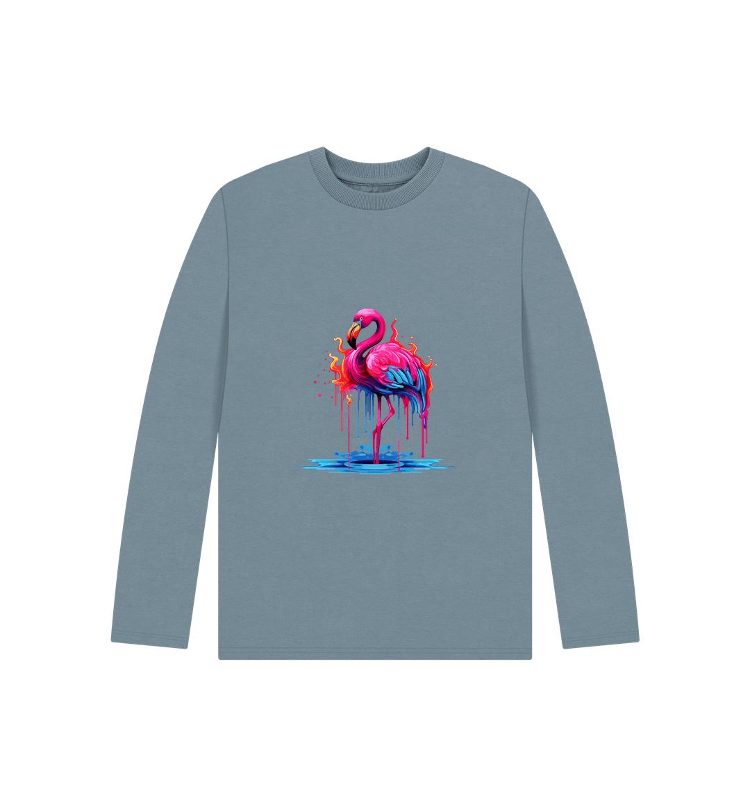 Stone Blue Colour Drip Flamingo - Kids Organic Long Sleeve T-shirt