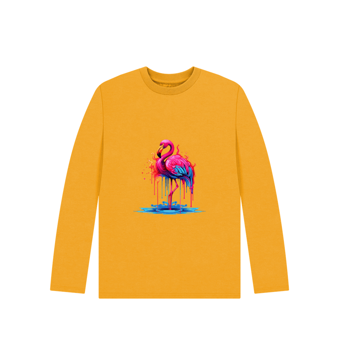 Mustard Colour Drip Flamingo - Kids Organic Long Sleeve T-shirt