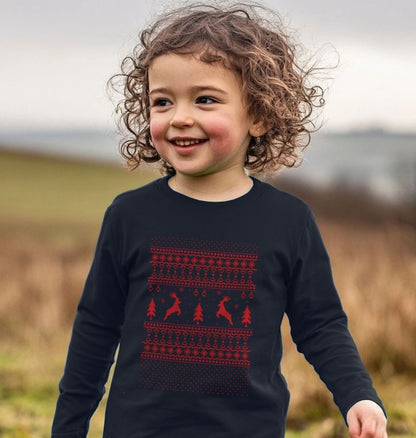 Black long-sleeved shirt with red reindeer and tree pattern (person)