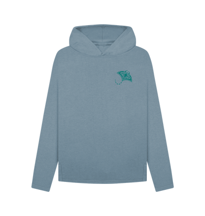 Light blue hoodie with small green logo