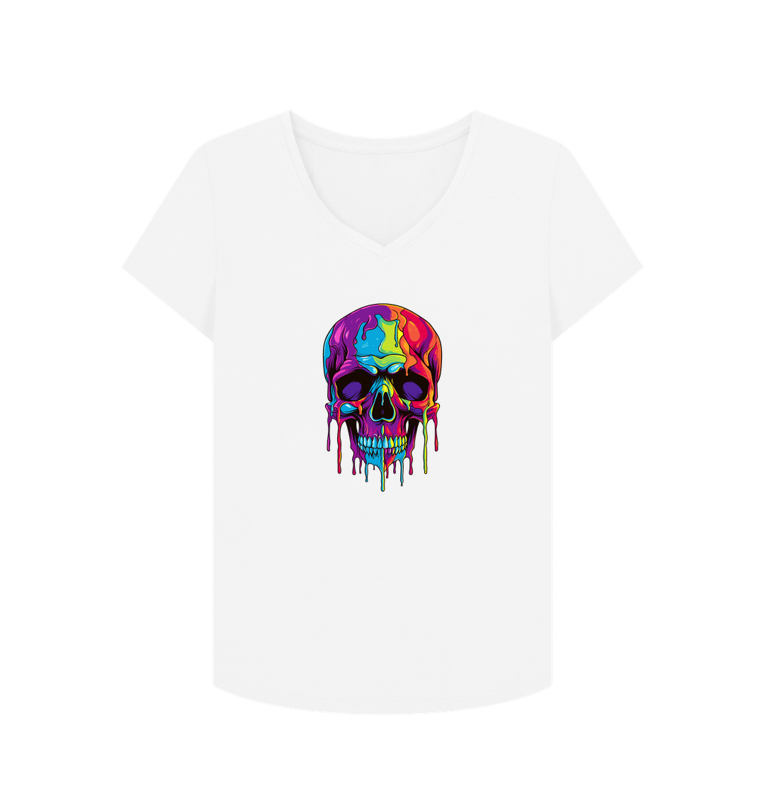 White Colour Drip Skull - Women's V-Neck T-shirt