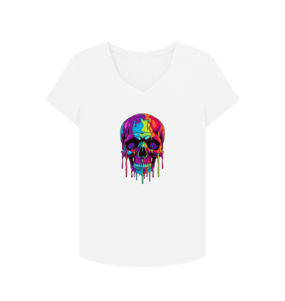 White Colour Drip Skull - Women's V-Neck T-shirt