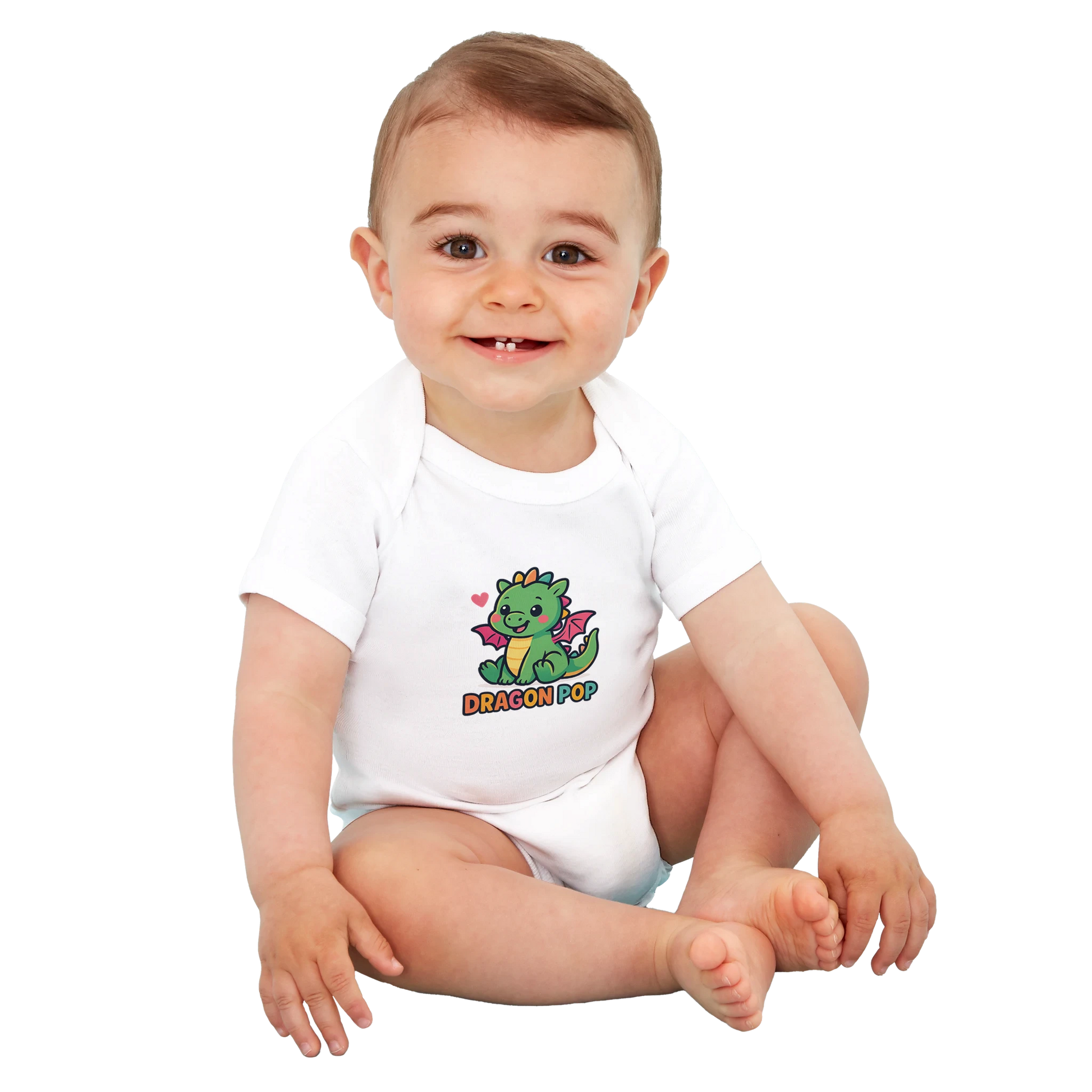Baby onesie with "Dragon Pop" design (person)