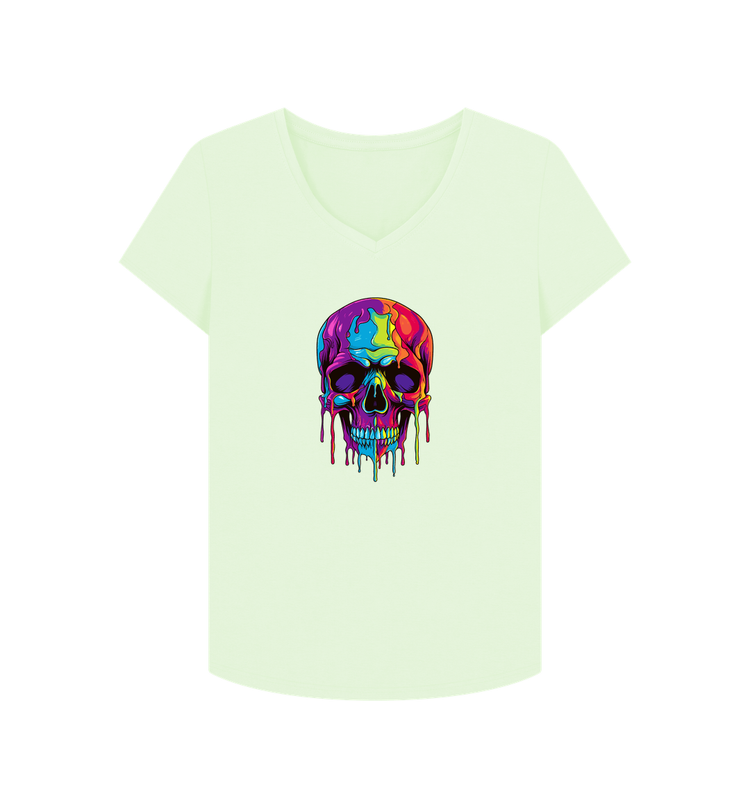 Pastel Green Colour Drip Skull - Women's V-Neck T-shirt