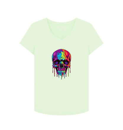 Pastel Green Colour Drip Skull - Women's V-Neck T-shirt