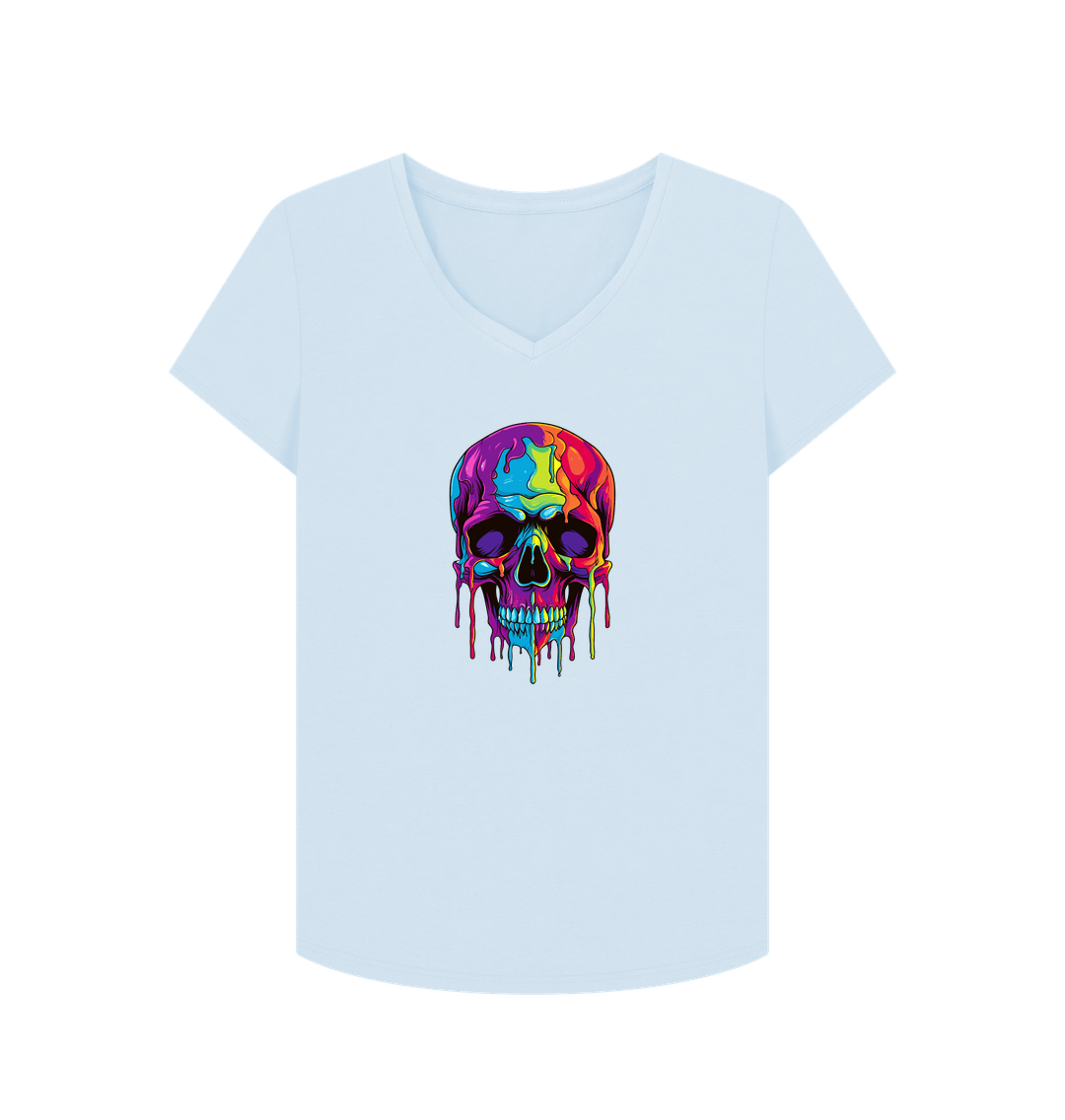 Sky Blue Colour Drip Skull - Women's V-Neck T-shirt