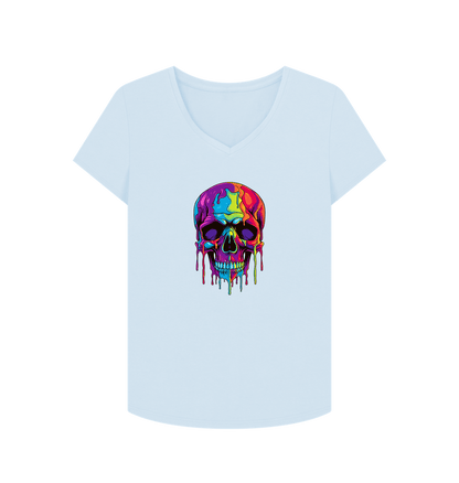 Sky Blue Colour Drip Skull - Women's V-Neck T-shirt