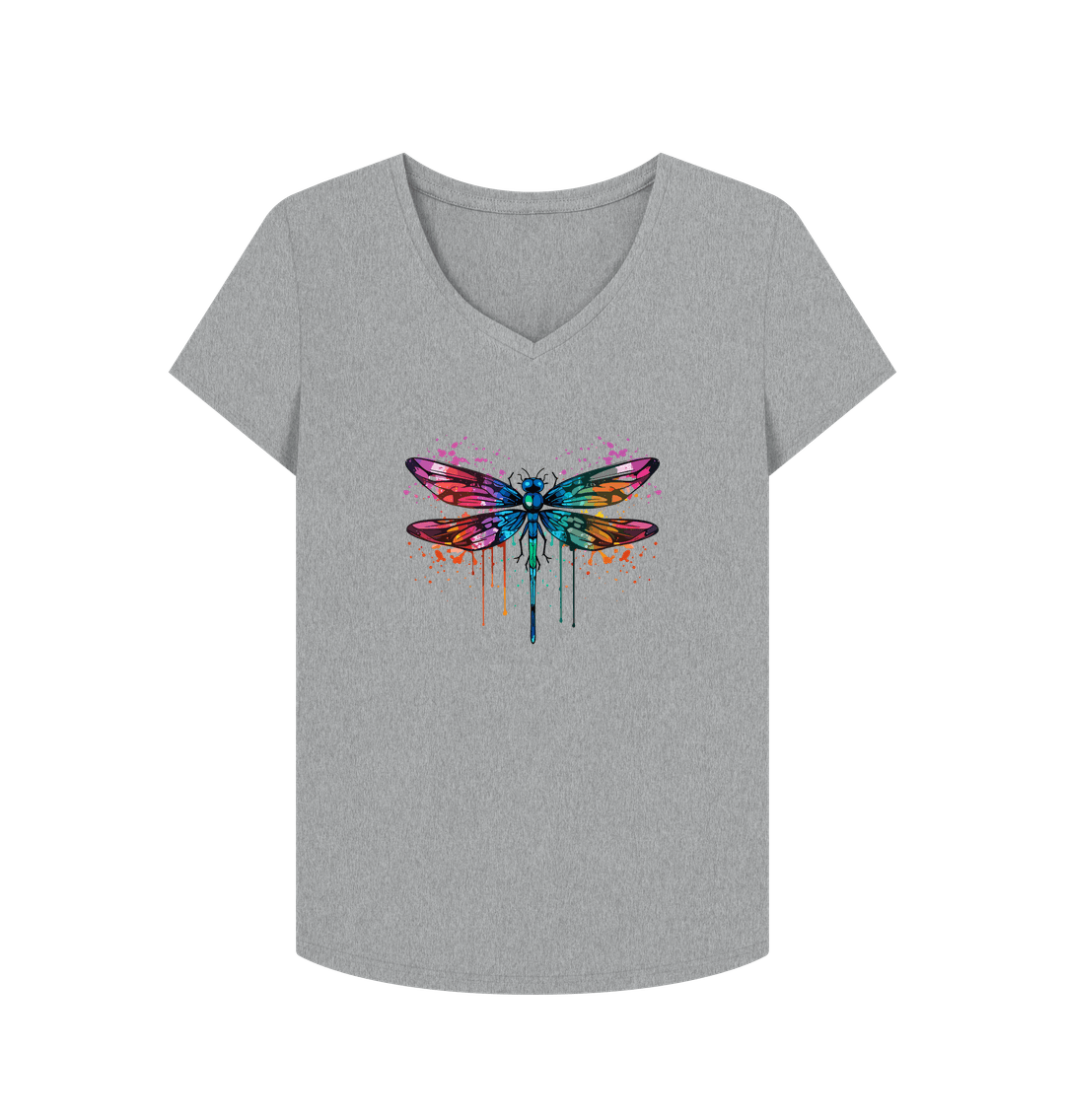 Athletic Grey Colour Drip Dragonfly Wonder - Women's V-Neck T-shirt