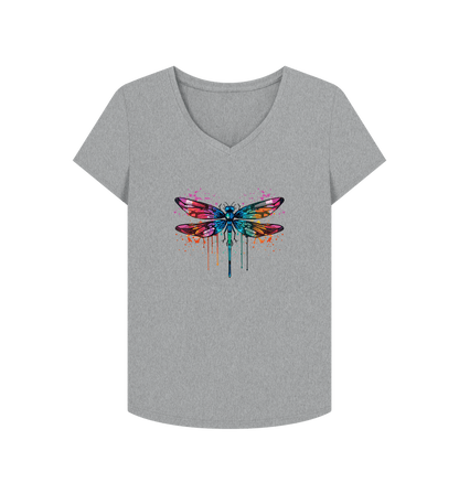 Athletic Grey Colour Drip Dragonfly Wonder - Women's V-Neck T-shirt