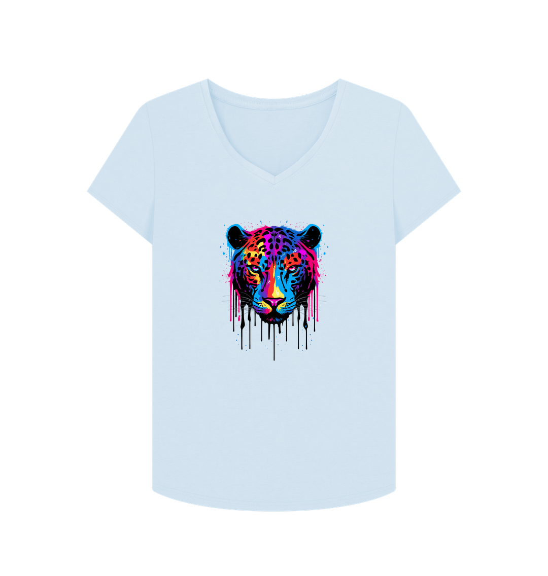 Sky Blue Colour Drip Wild Butterfly - Women's V-Neck T-shirt