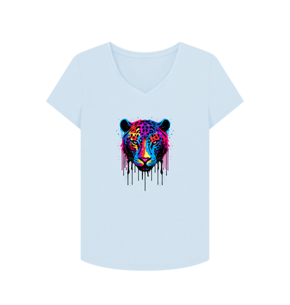 Sky Blue Colour Drip Wild Butterfly - Women's V-Neck T-shirt