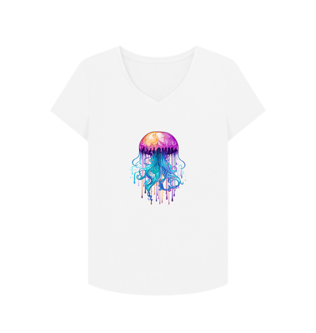 White Colour Drip Bright Jellyfish - Women's V-Neck T-shirt