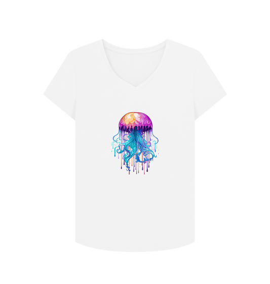 White Colour Drip Bright Jellyfish - Women's V-Neck T-shirt