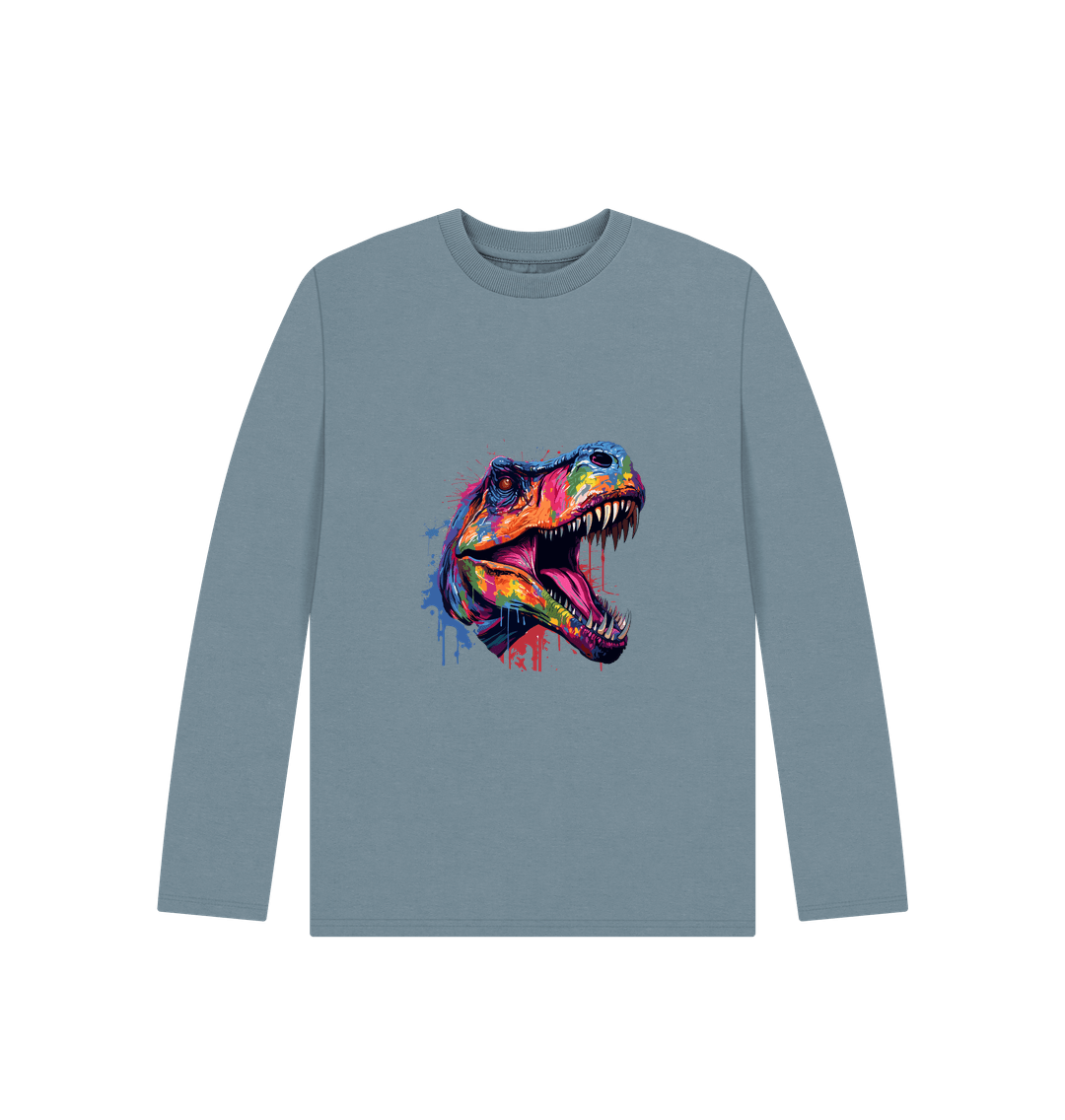 Stone Blue Colour Drip T-Rex - Kids Organic Long Sleeve T-shirt