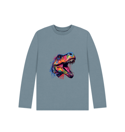 Stone Blue Colour Drip T-Rex - Kids Organic Long Sleeve T-shirt