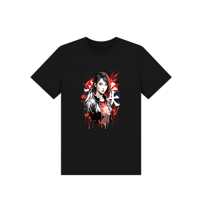 Black t-shirt with anime-style girl graphic (person)