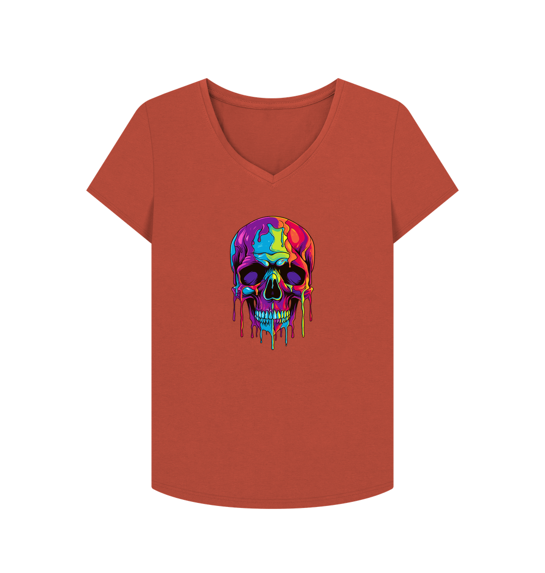 Rust Colour Drip Skull - Women's V-Neck T-shirt