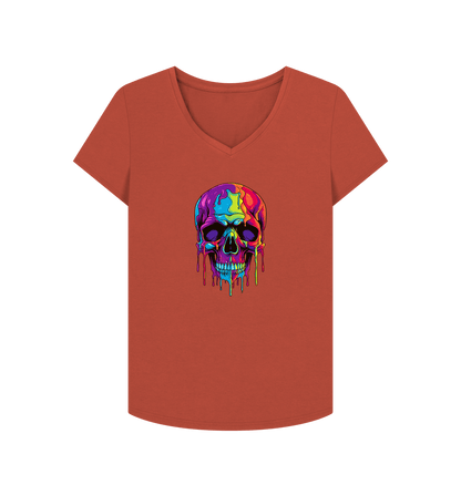 Rust Colour Drip Skull - Women's V-Neck T-shirt