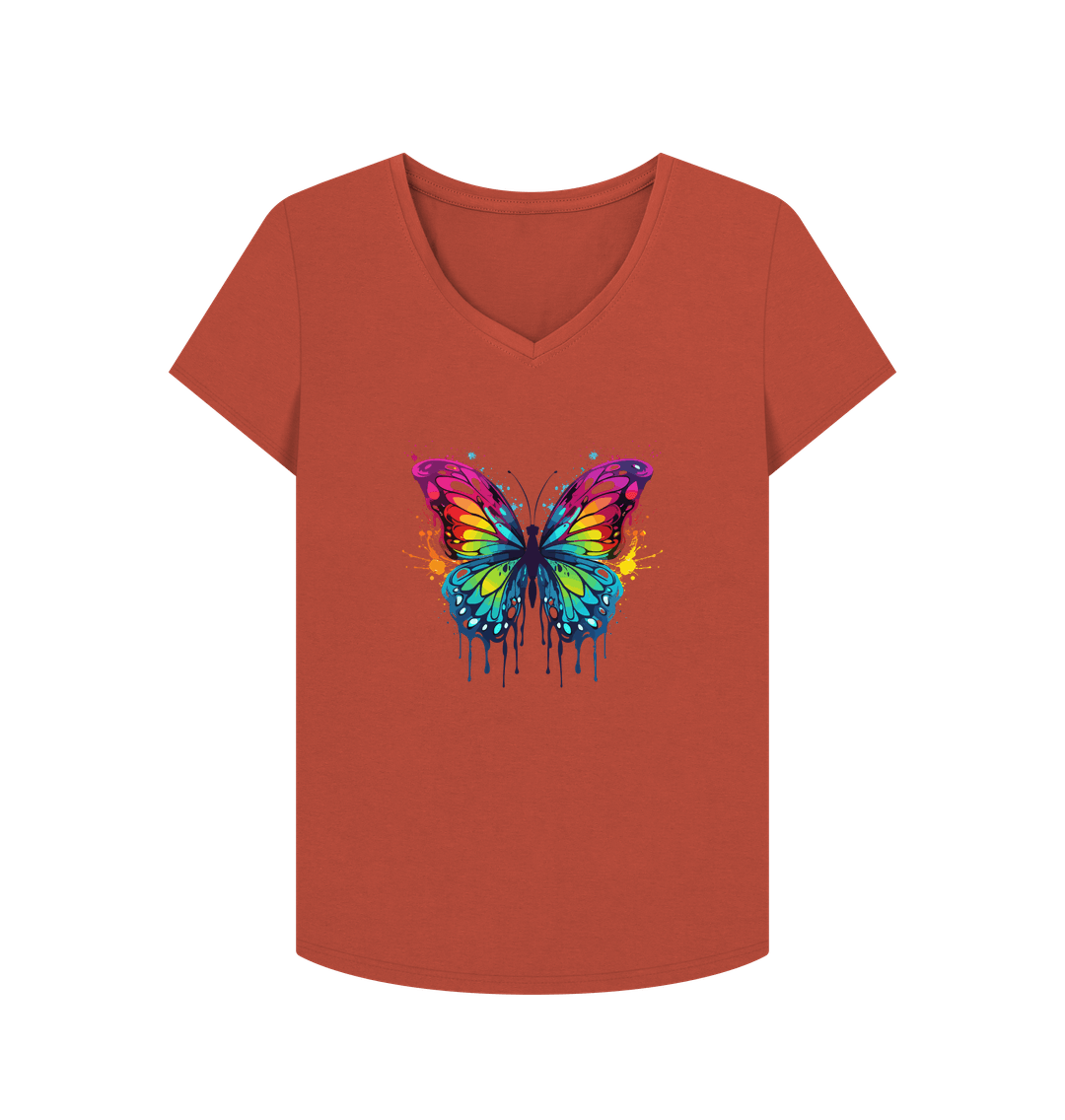 Rust Colour Drip Orchard Butterfly - Women's V-Neck T-shirt