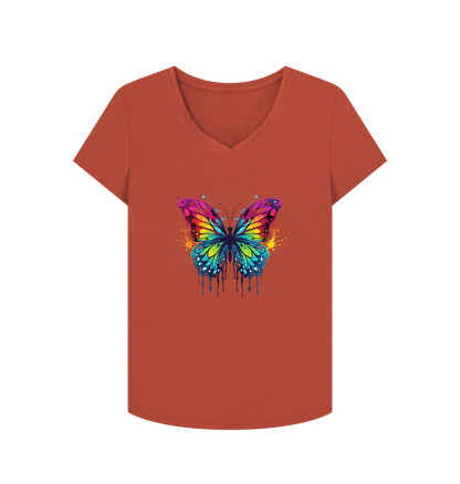 Rust Colour Drip Orchard Butterfly - Women's V-Neck T-shirt