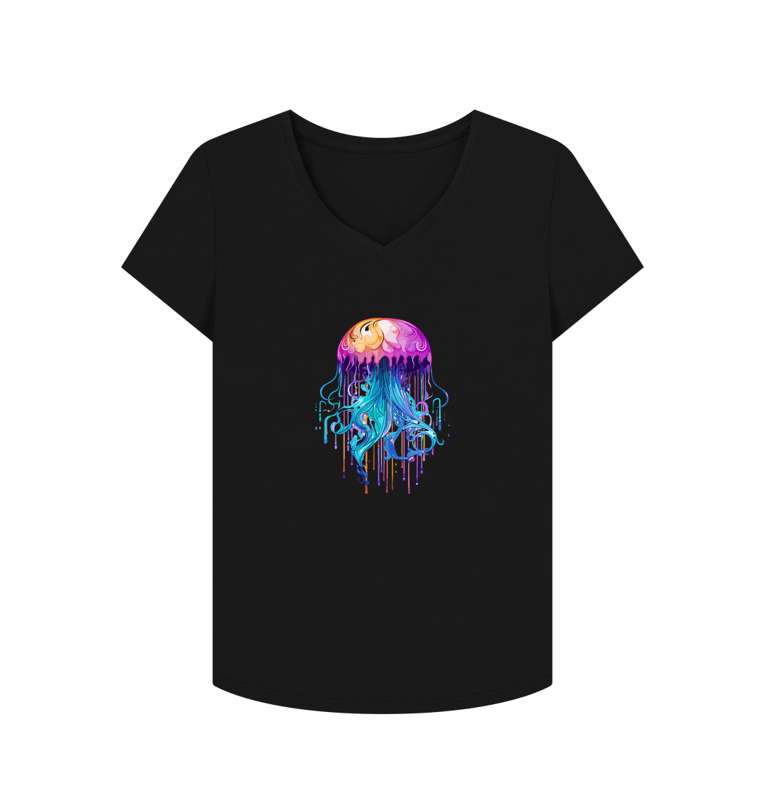 Black Colour Drip Bright Jellyfish - Women's V-Neck T-shirt