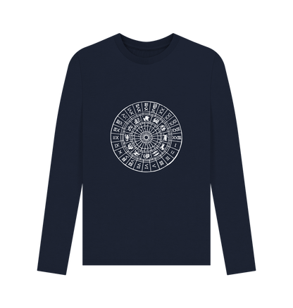Navy blue long-sleeved t-shirt with zodiac wheel design