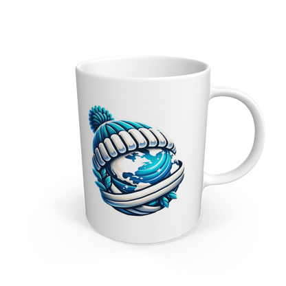 White ceramic mug with blue globe design