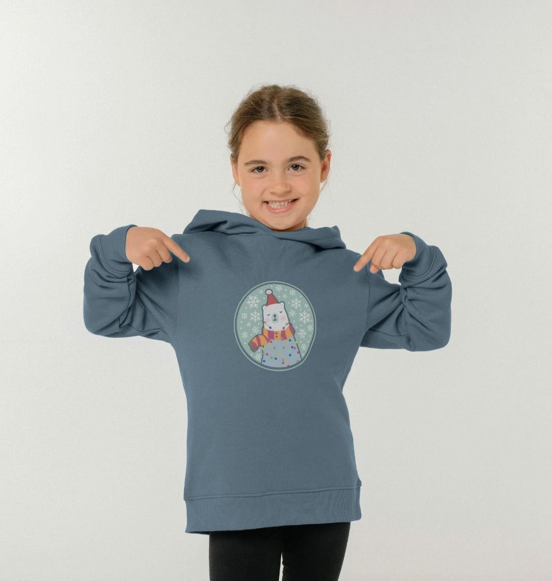 Stone Blue Colour Cosy Polar Bear Unisex Kids Pullover Hoody - Size 3-4y