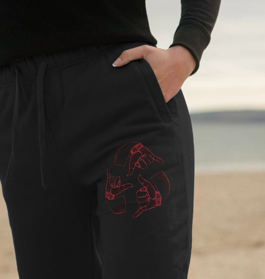 Black jogger pants with red hand print (person)
