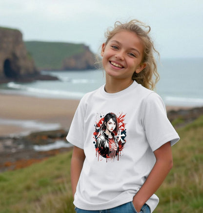 White t-shirt with anime-style graphic (person)