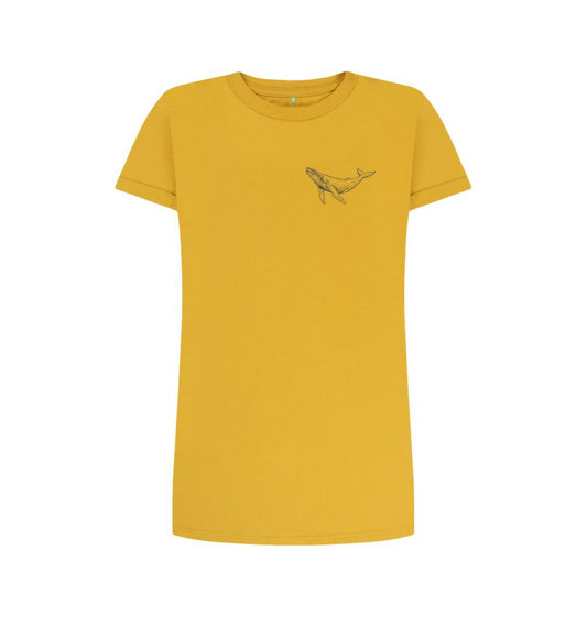 Mustard yellow t-shirt with whale graphic