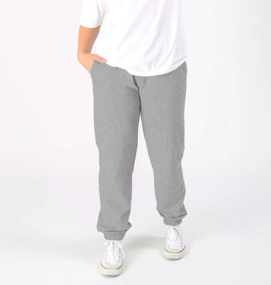 Gray sweatpants with elastic waist and cuffs (person)
