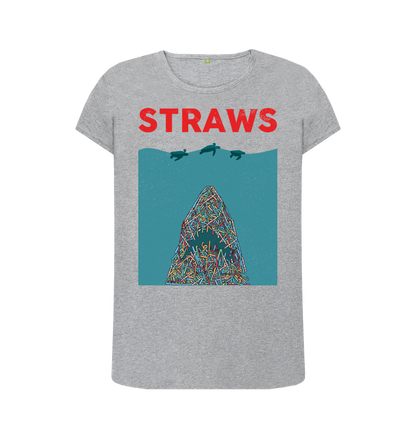 Gray t-shirt with "STRAWS" and ocean graphic
