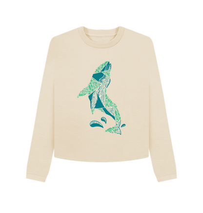 Cream-colored sweatshirt with green whale design